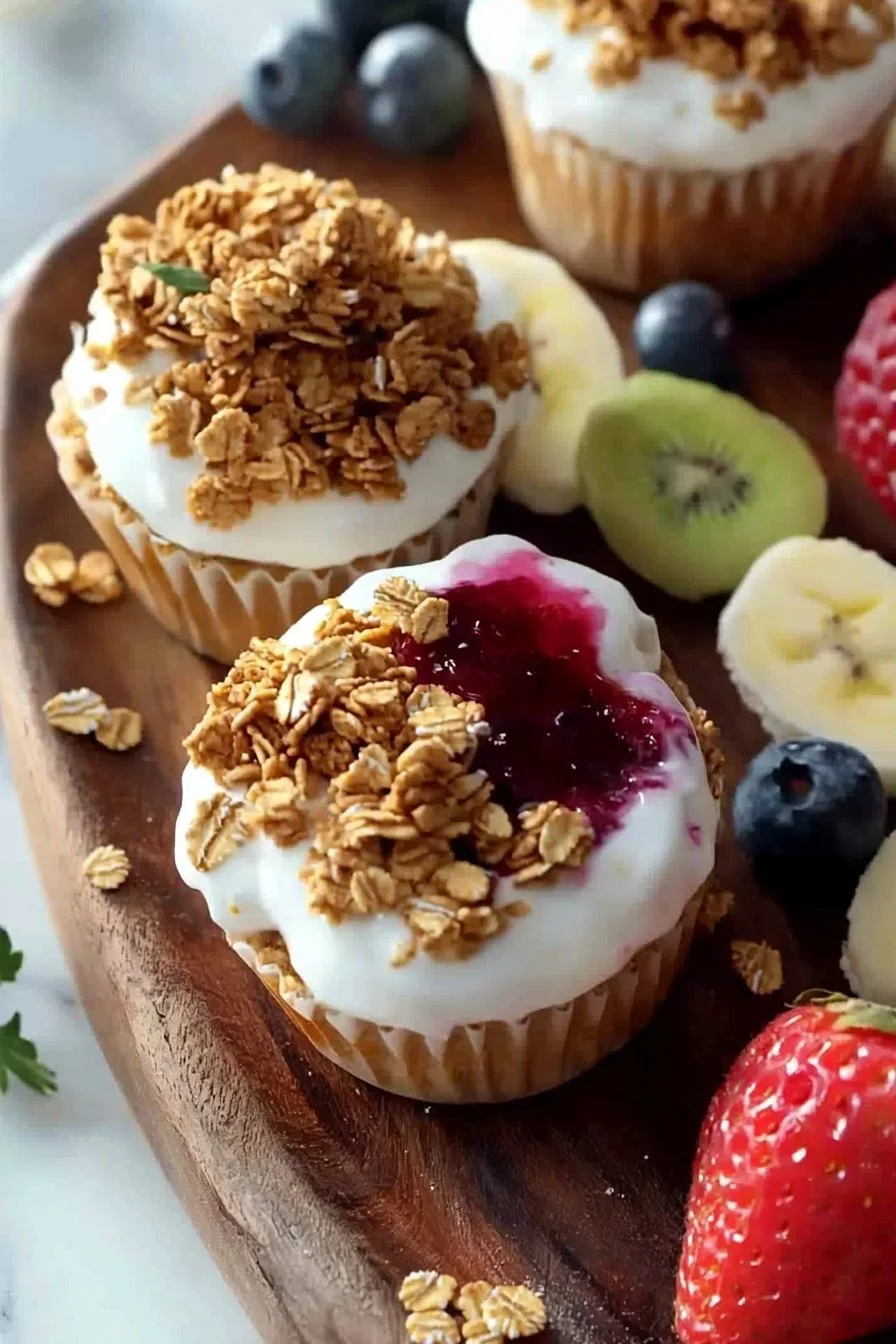 Frozen yogurt granola cups topped with fresh fruit and granola.