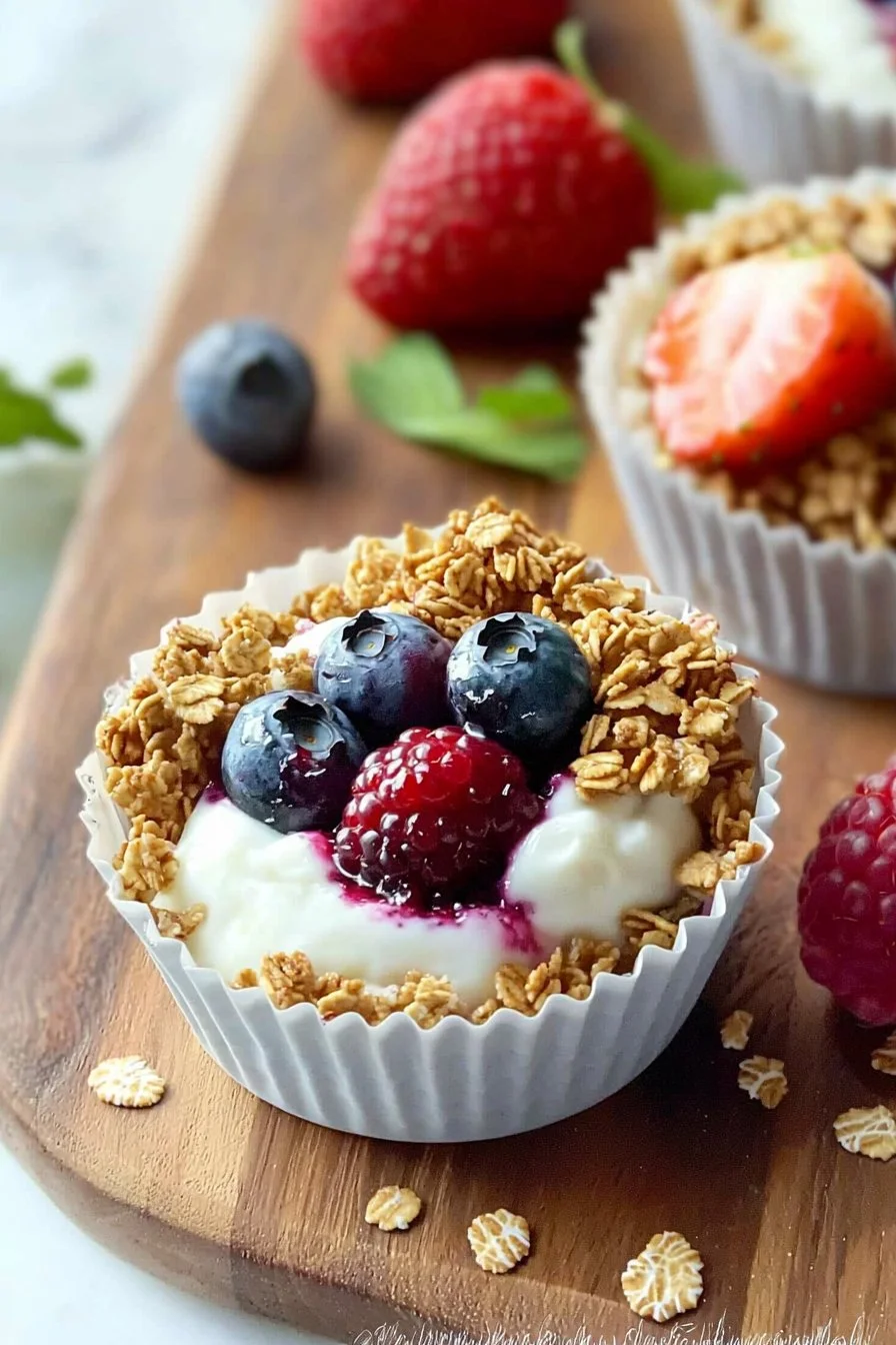 Frozen yogurt granola cups topped with fresh berries for a healthy dessert.