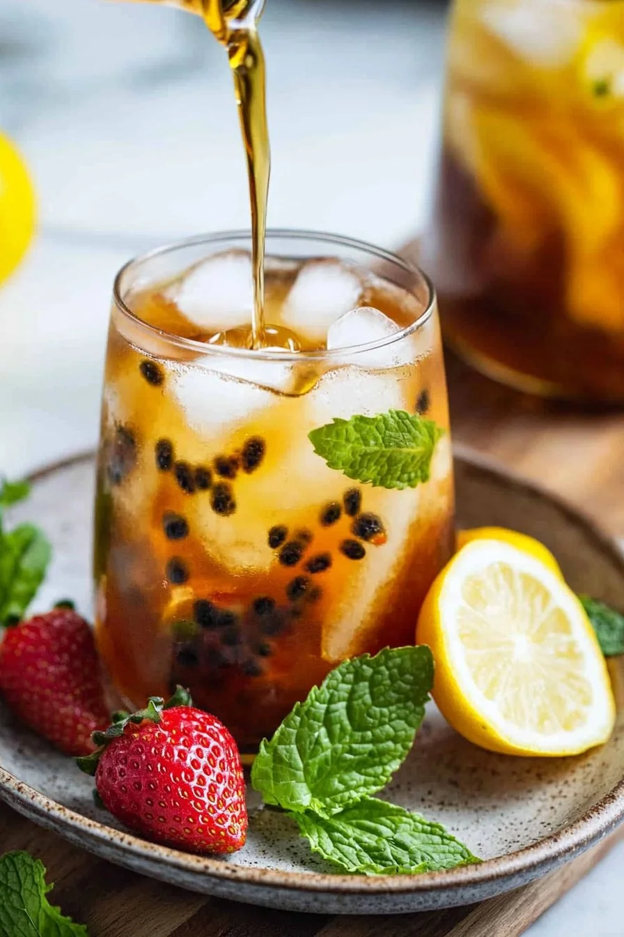 Colorful fruit iced tea with fresh fruits and ice in a glass