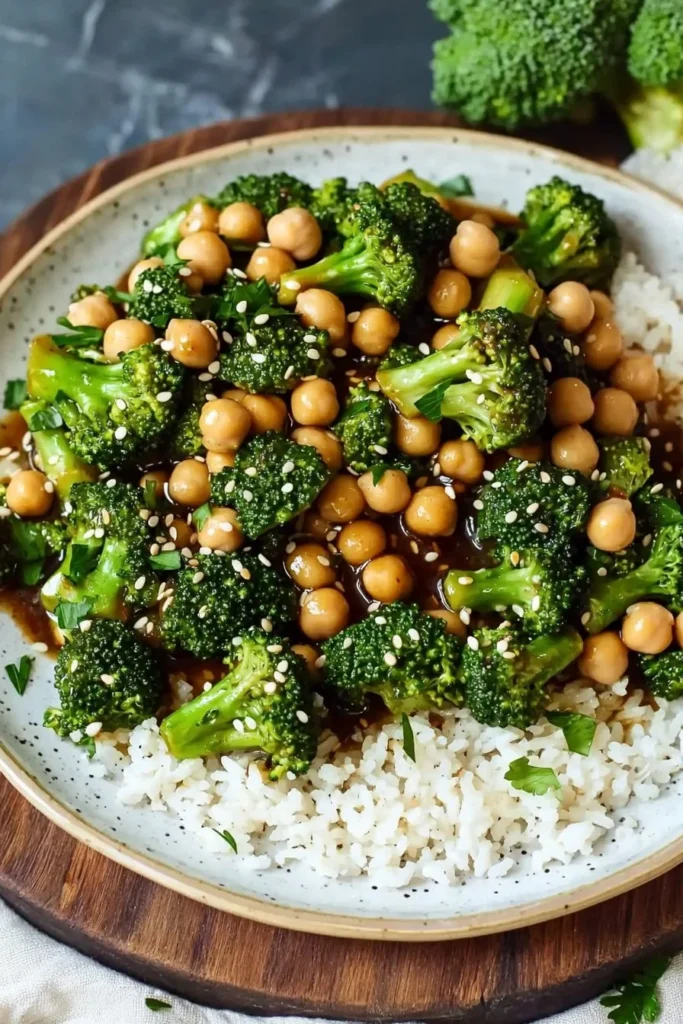 Garlic Broccoli Stir Fry with Chickpeas garnished in a bowl