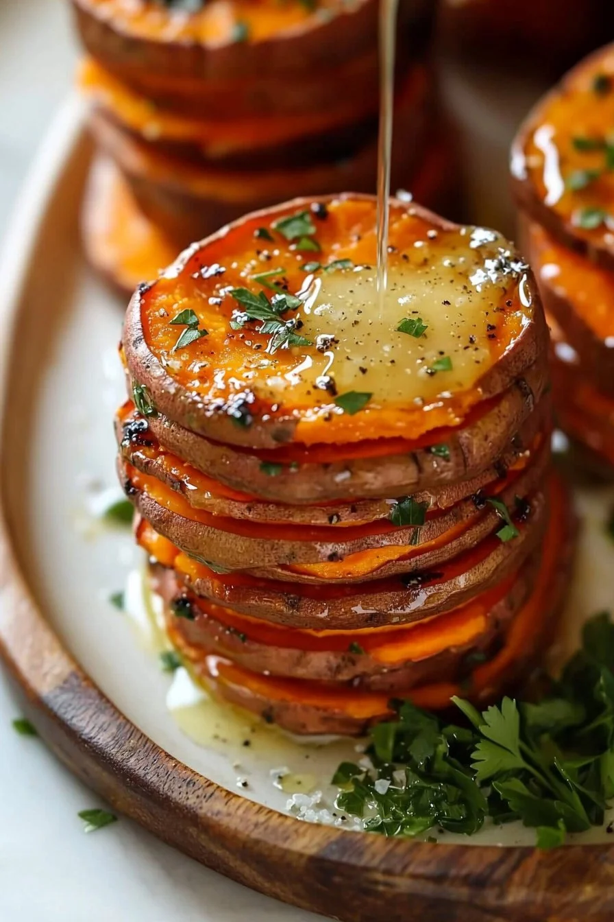 Delicious Garlic Butter Sweet Potato Stacks arranged on a serving plate