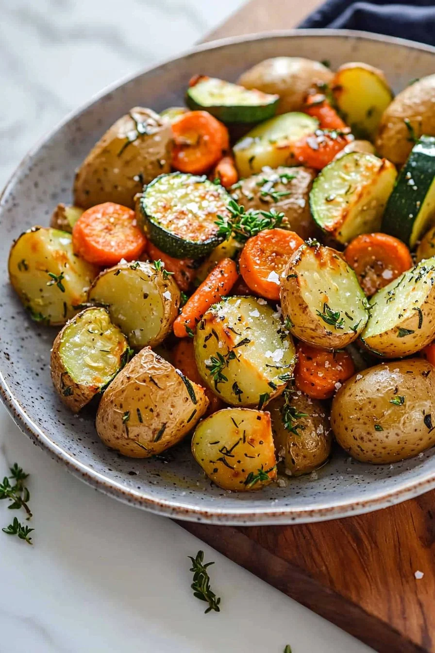 Garlic Herb Roasted Potatoes with Carrots and Zucchini served on plate