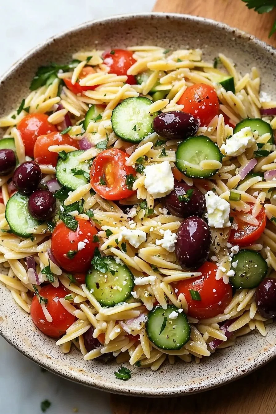 Delicious Greek Orzo Pasta Salad with fresh vegetables and feta cheese