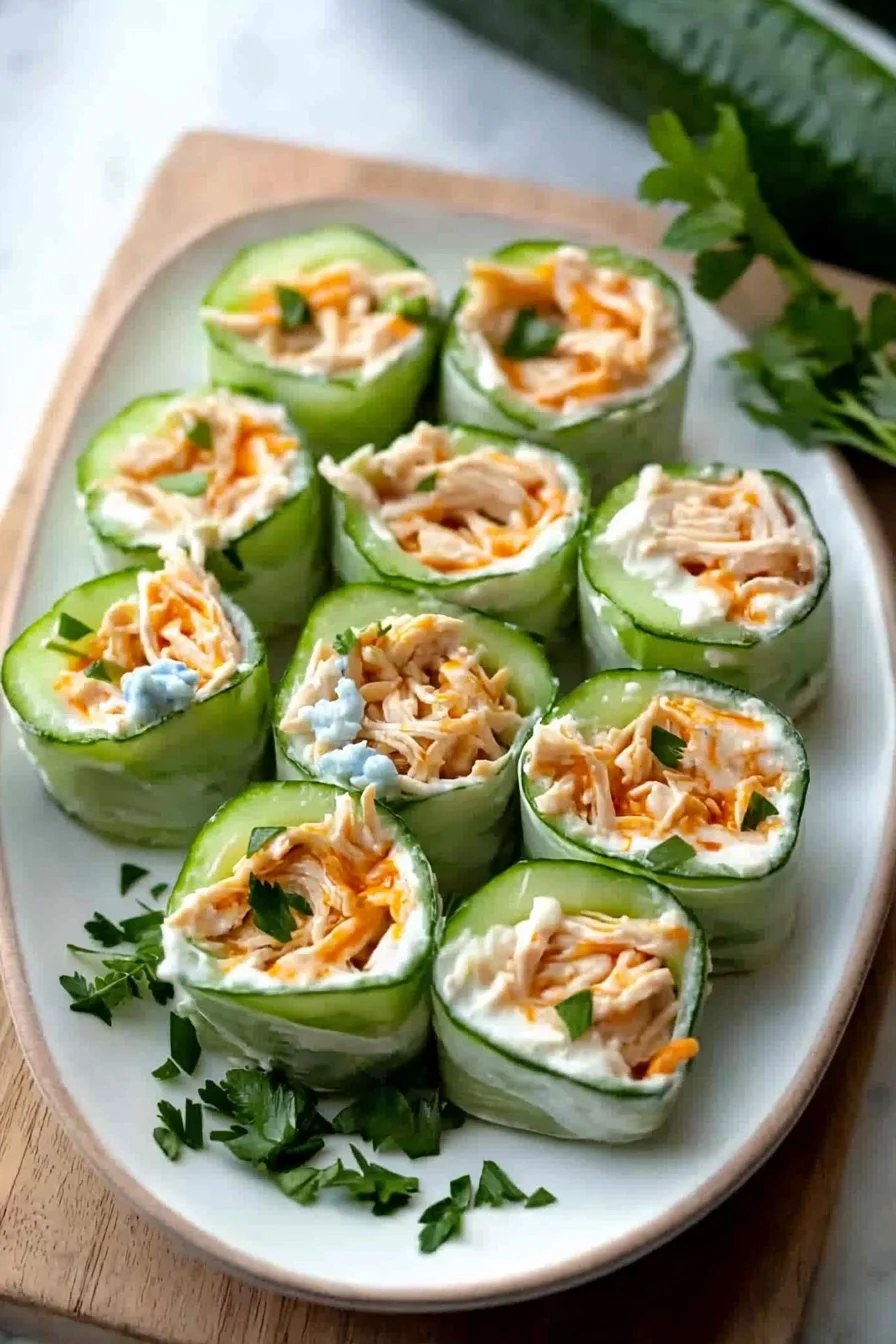Healthy Buffalo Chicken Cucumber Rolls with fresh ingredients for a low-carb snack