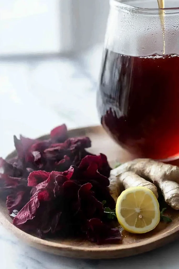 A steaming cup of hibiscus ginger tea garnished with fresh ginger and hibiscus petals.
