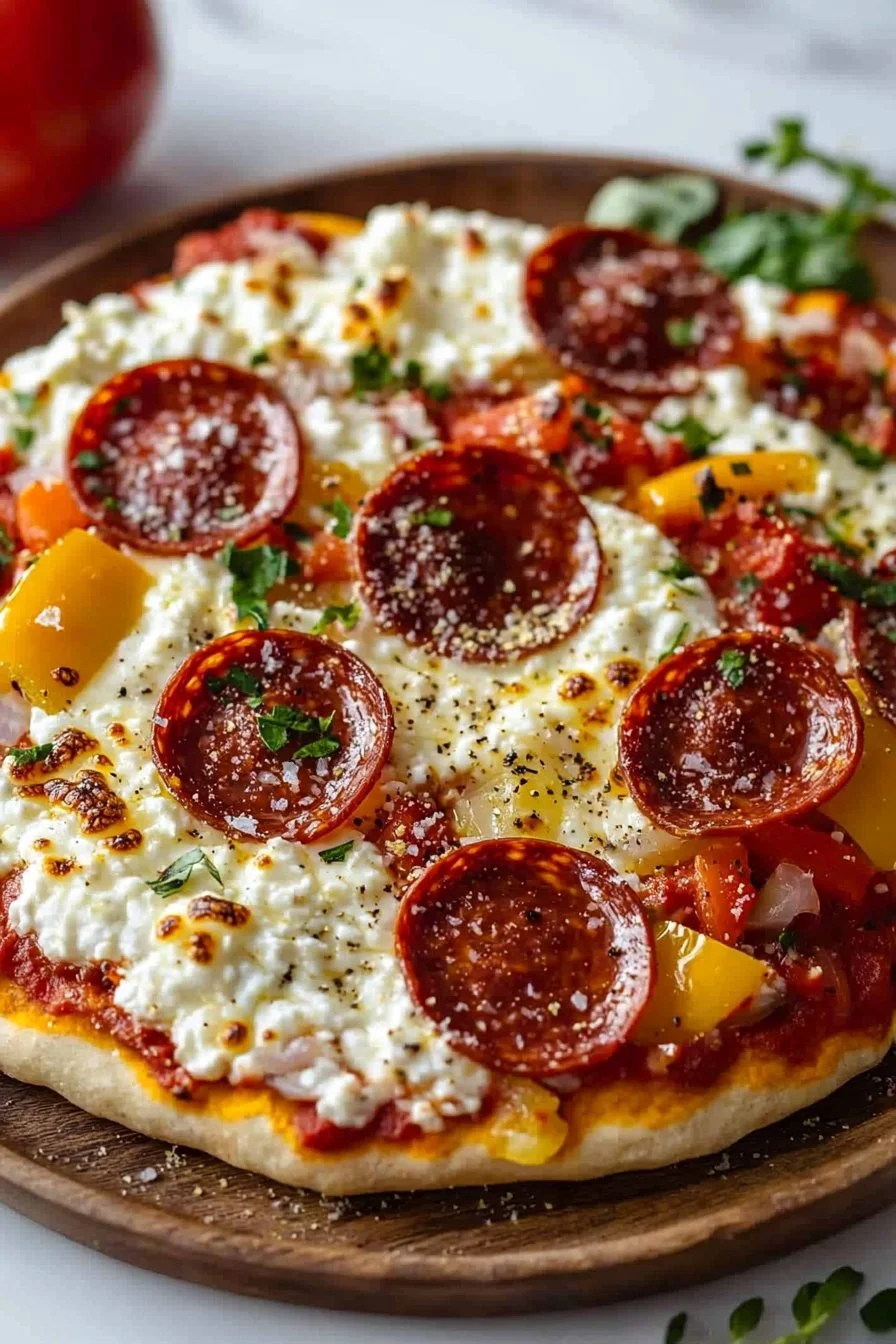 High-protein cottage cheese pizza bake topped with fresh ingredients