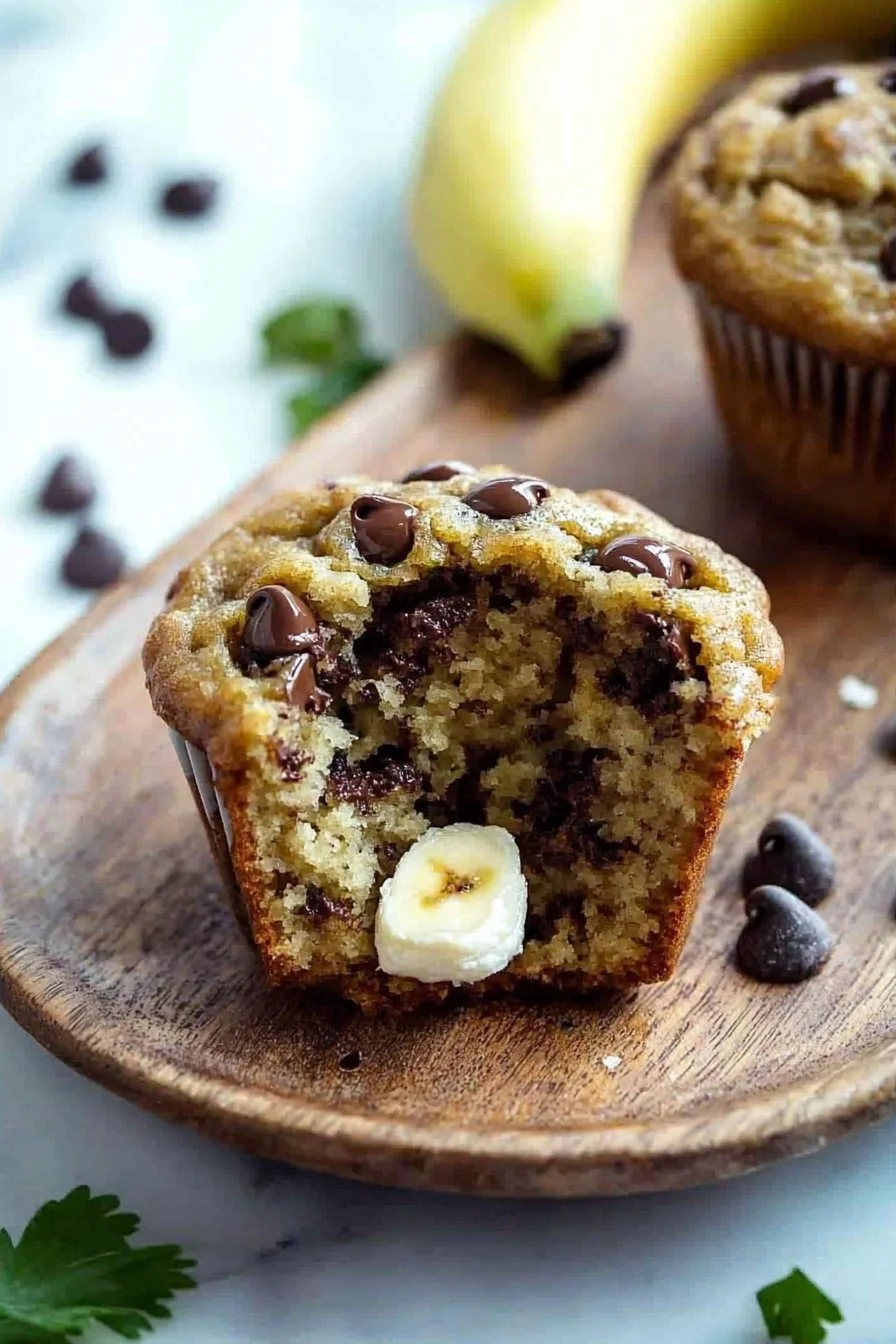 Homemade banana chocolate chip muffins on a cooling rack
