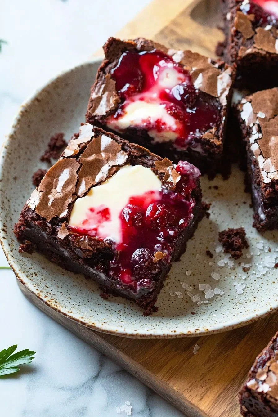 Delicious homemade cherry cheesecake brownies on a plate