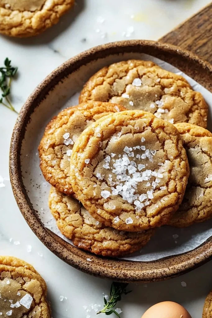 Freshly baked homemade chewy salted honey cookies on a plate