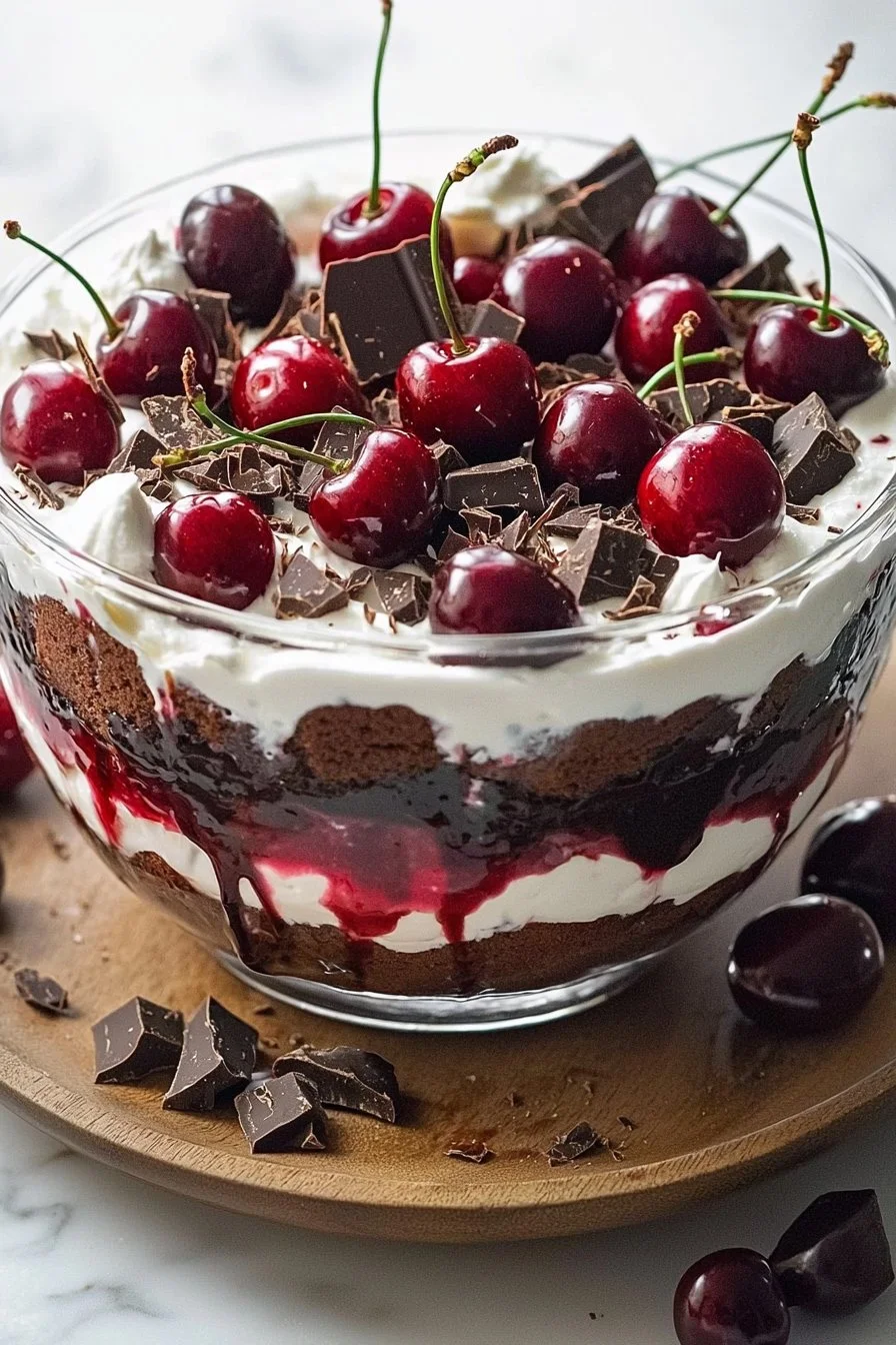 Delicious homemade chocolate cherry trifle with layers of chocolate and cherry.
