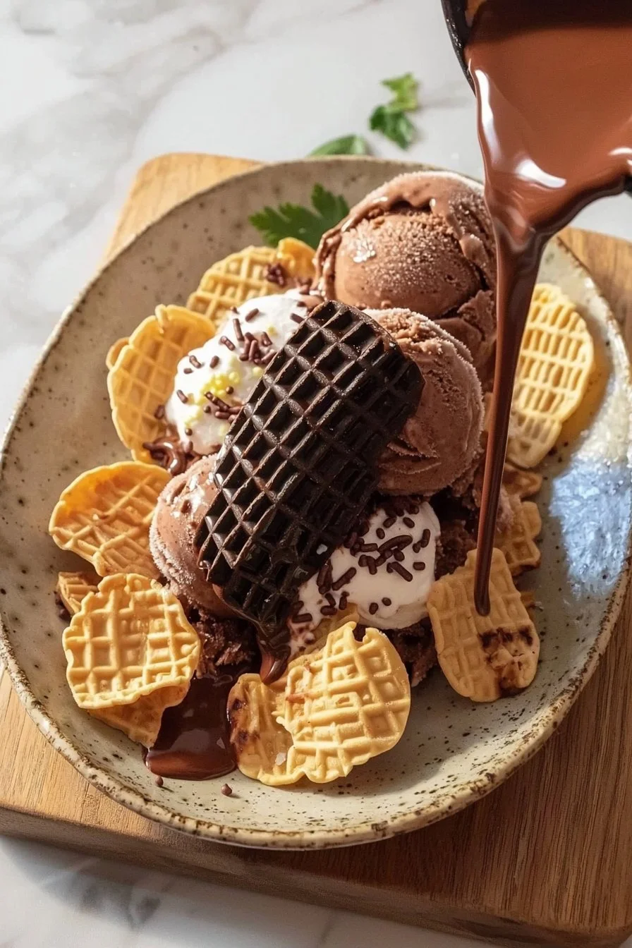 Delicious homemade chocolate taco ice cream served in a crispy taco shell