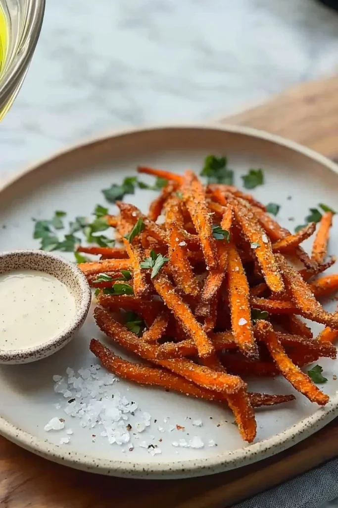 Bowl of homemade crispy carrot fries garnished with herbs