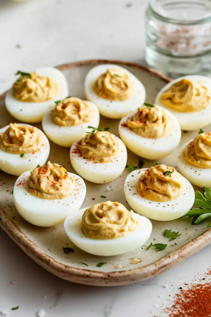 Homemade deviled eggs served on a platter with garnish.