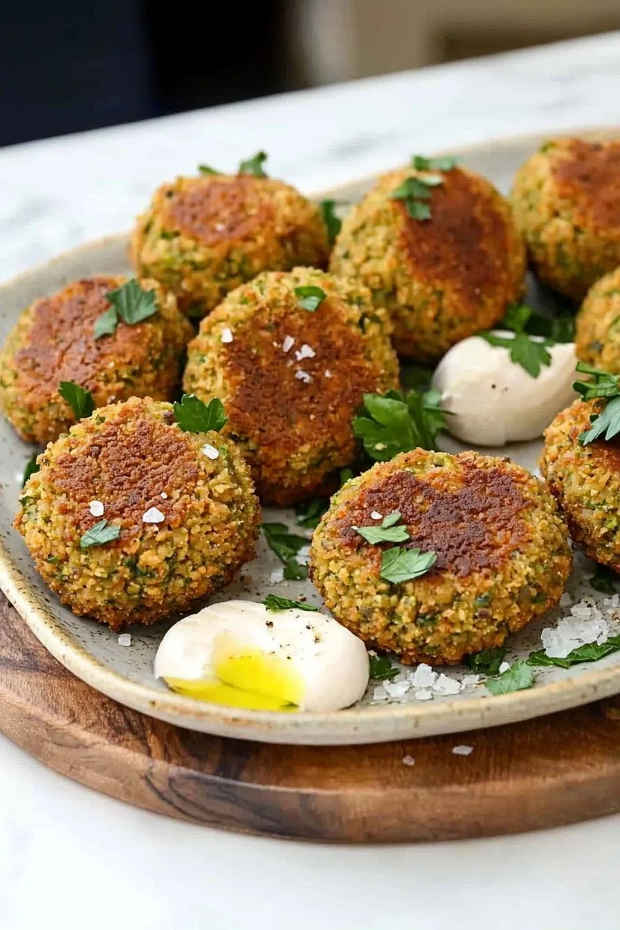 Plate of homemade falafel served with sauce and fresh vegetables