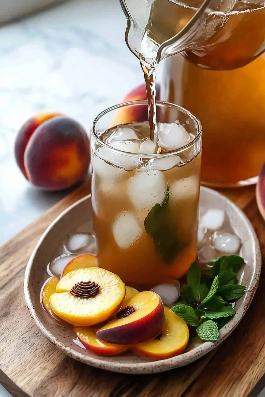 Homemade peach tea in a glass with fresh peaches and ice cubes