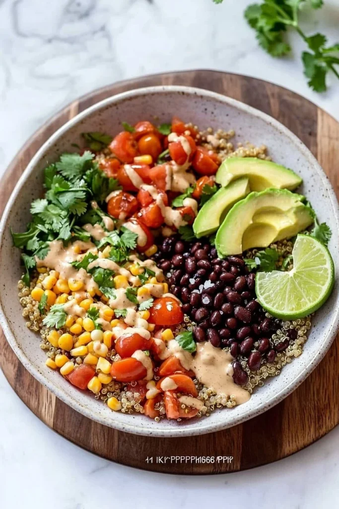 Delicious homemade quinoa bowls with fresh vegetables and toppings.