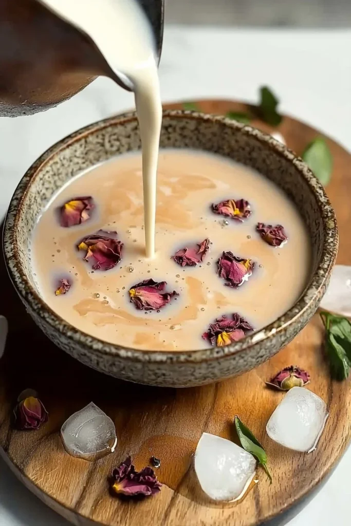 A refreshing cup of homemade rose milk tea with pink petals and creamy texture.