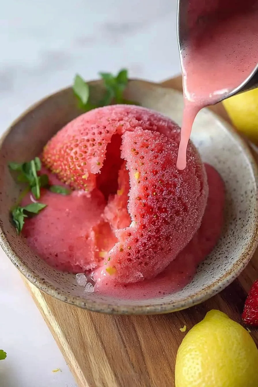 Bowl of homemade strawberry lemon sorbet garnished with fresh strawberries and mint