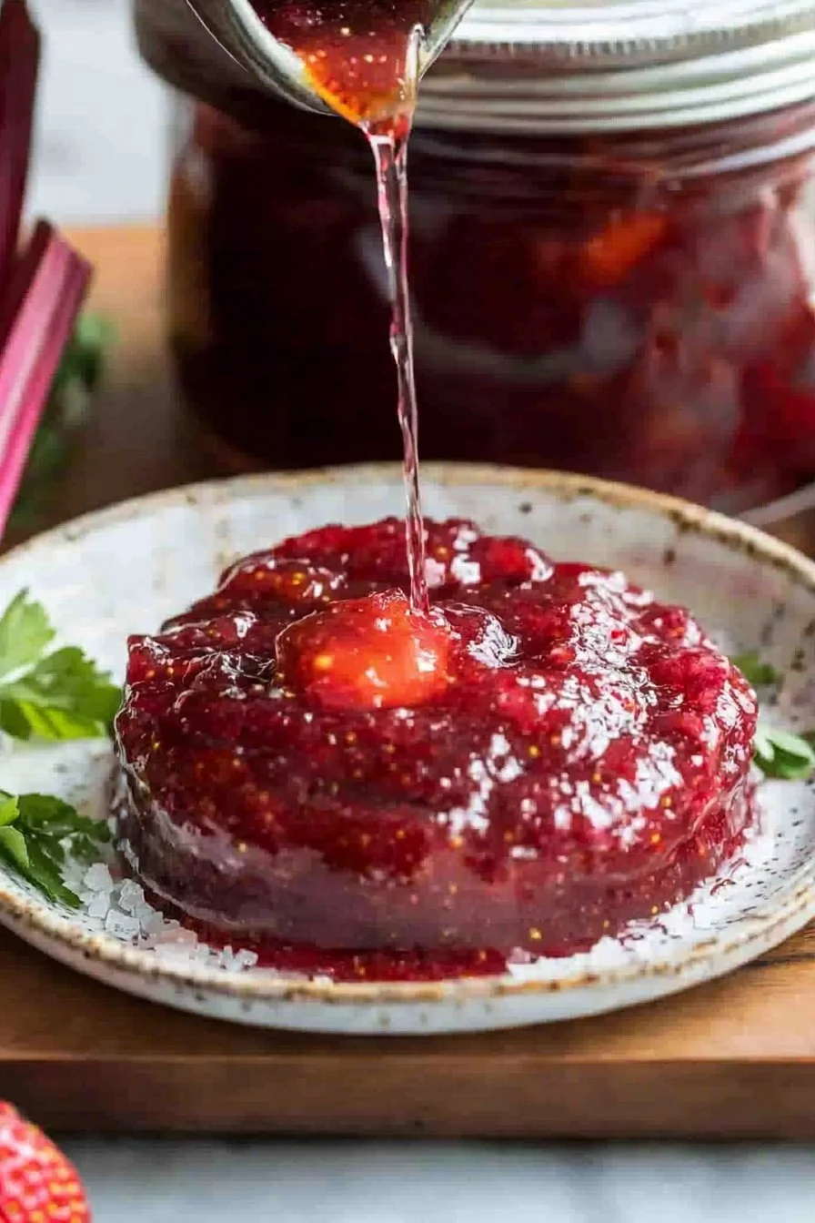Jar of homemade strawberry rhubarb jam on a wooden table
