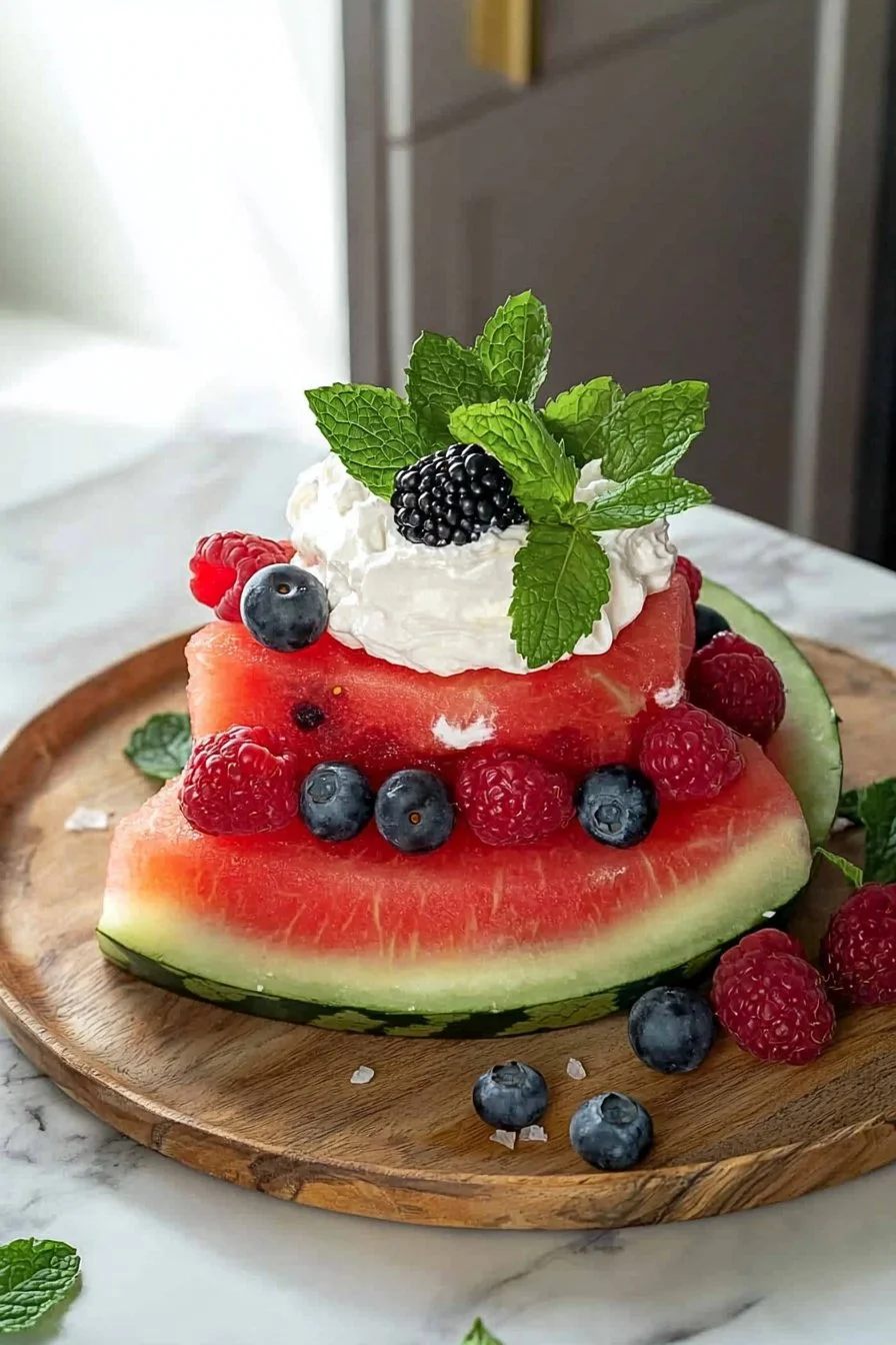 Homemade watermelon cake decorated with fruit and whipped cream