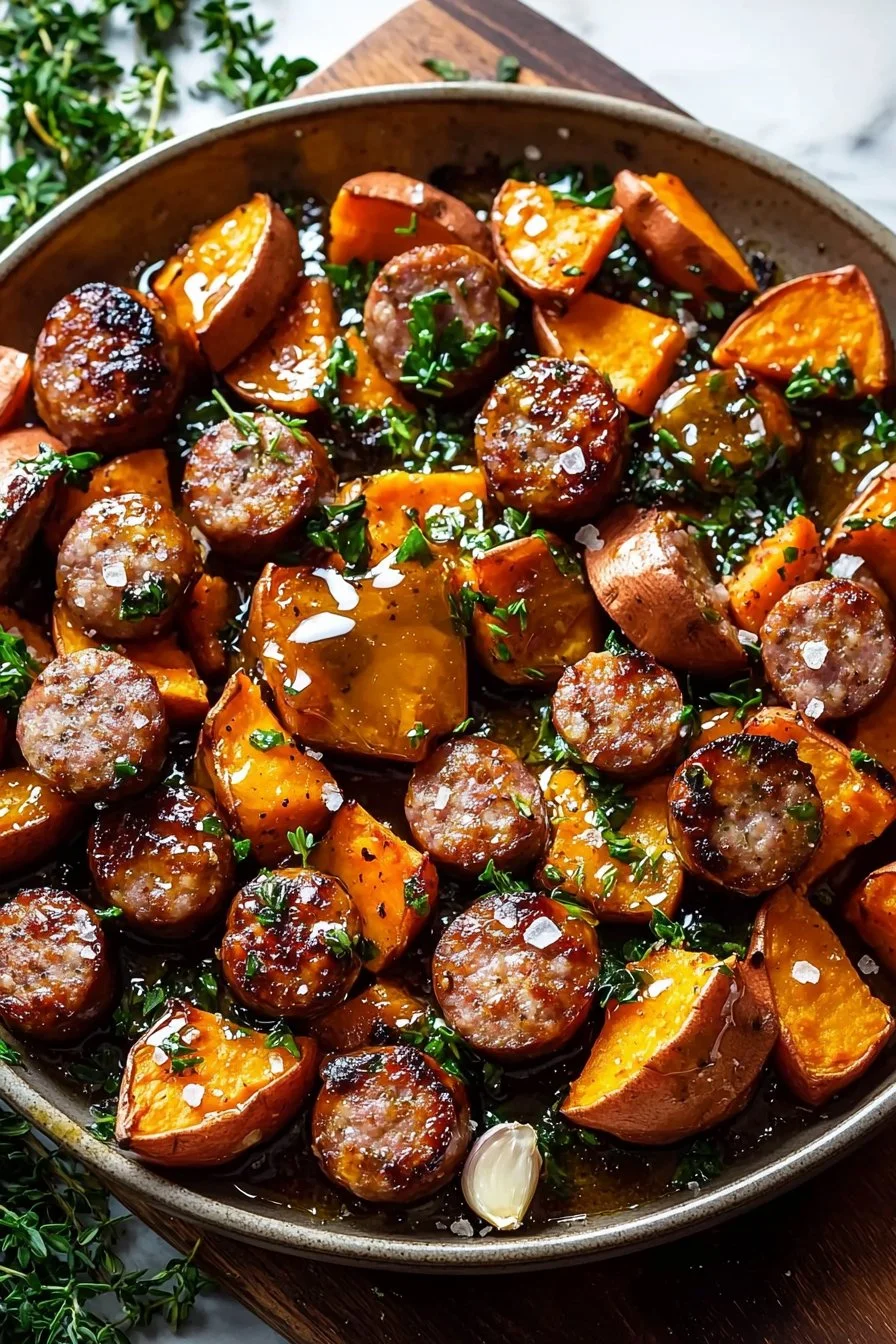 Honey Garlic Chicken Sausage and Sweet Potato Sheet Pan Dinner