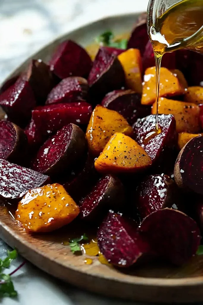 Delicious honey roasted beets served in a bowl, glistening with honey glaze.