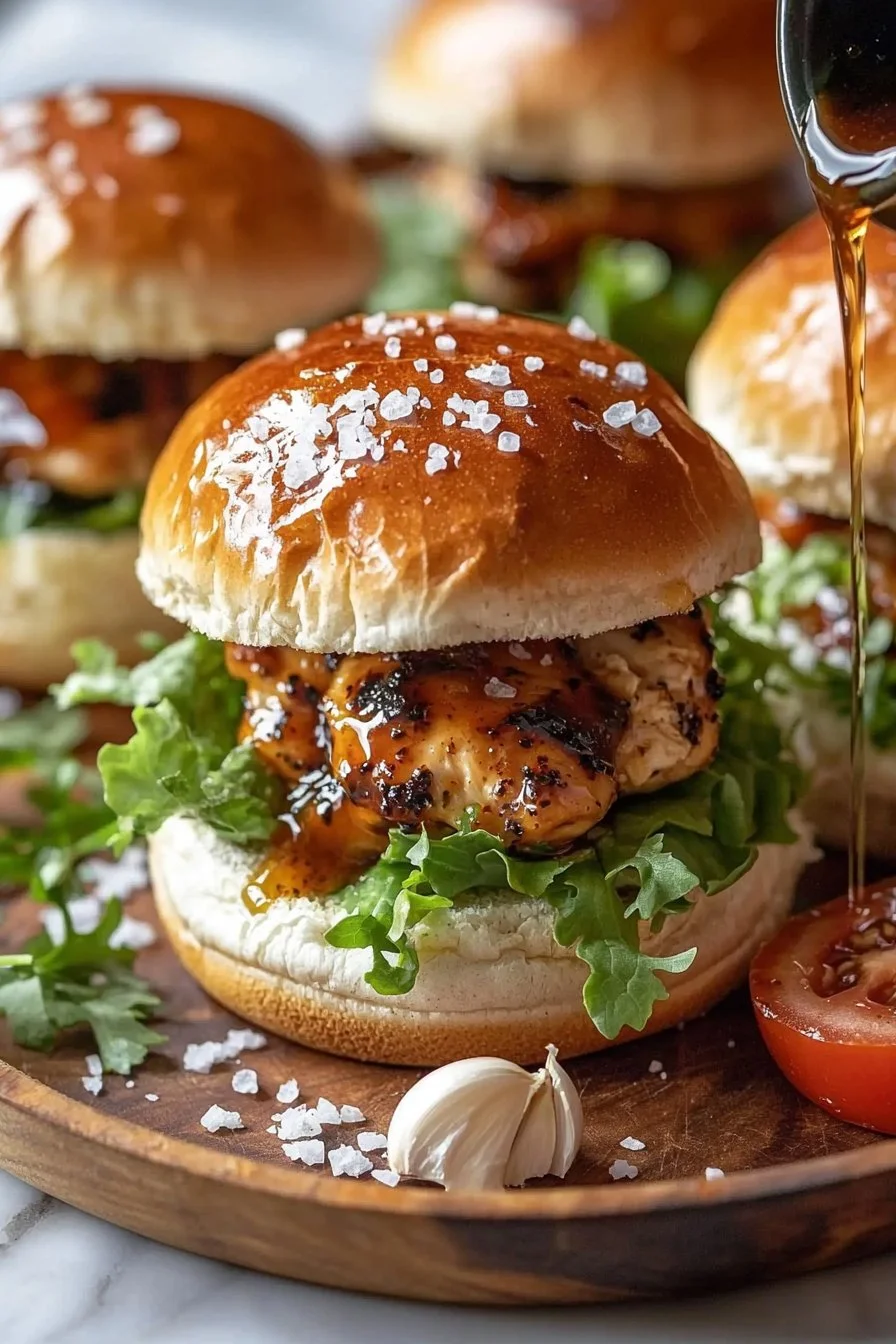 Honey smoky pepper garlic chicken sliders served on a platter