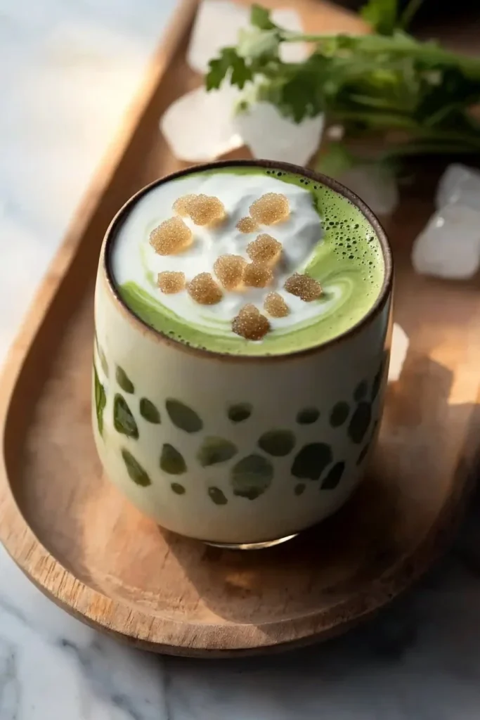 Iced Brown Sugar Vanilla Matcha Latte in a glass with a straw
