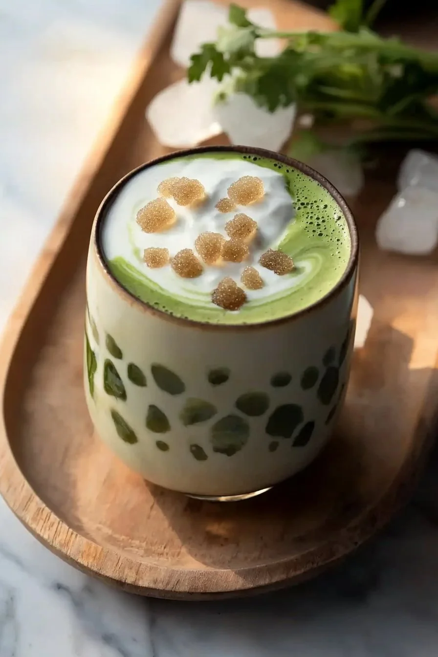Iced Brown Sugar Vanilla Matcha Latte in a glass with a straw