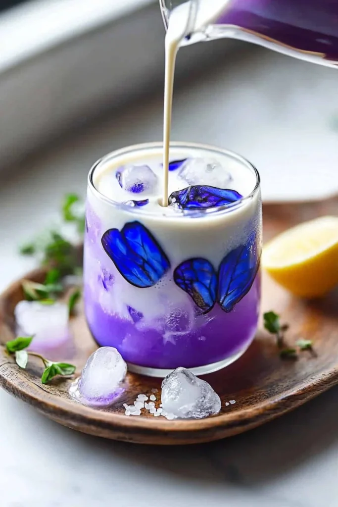 Iced Butterfly Pea Flower Tea Latte garnished with flowers in a glass