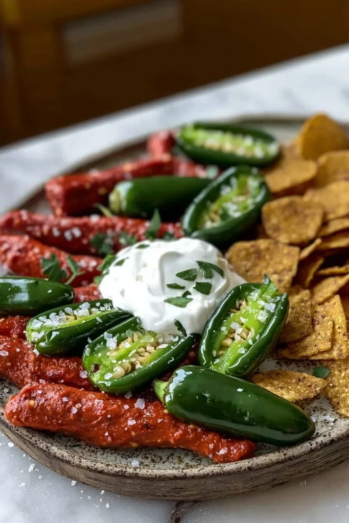 Jalapeño with sour cream served alongside spicy chips for a delicious snack