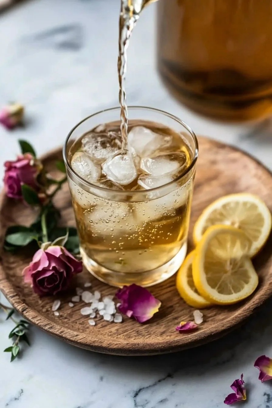 A refreshing glass of Jasmine Rose Iced Tea served with rose petals and ice cubes.
