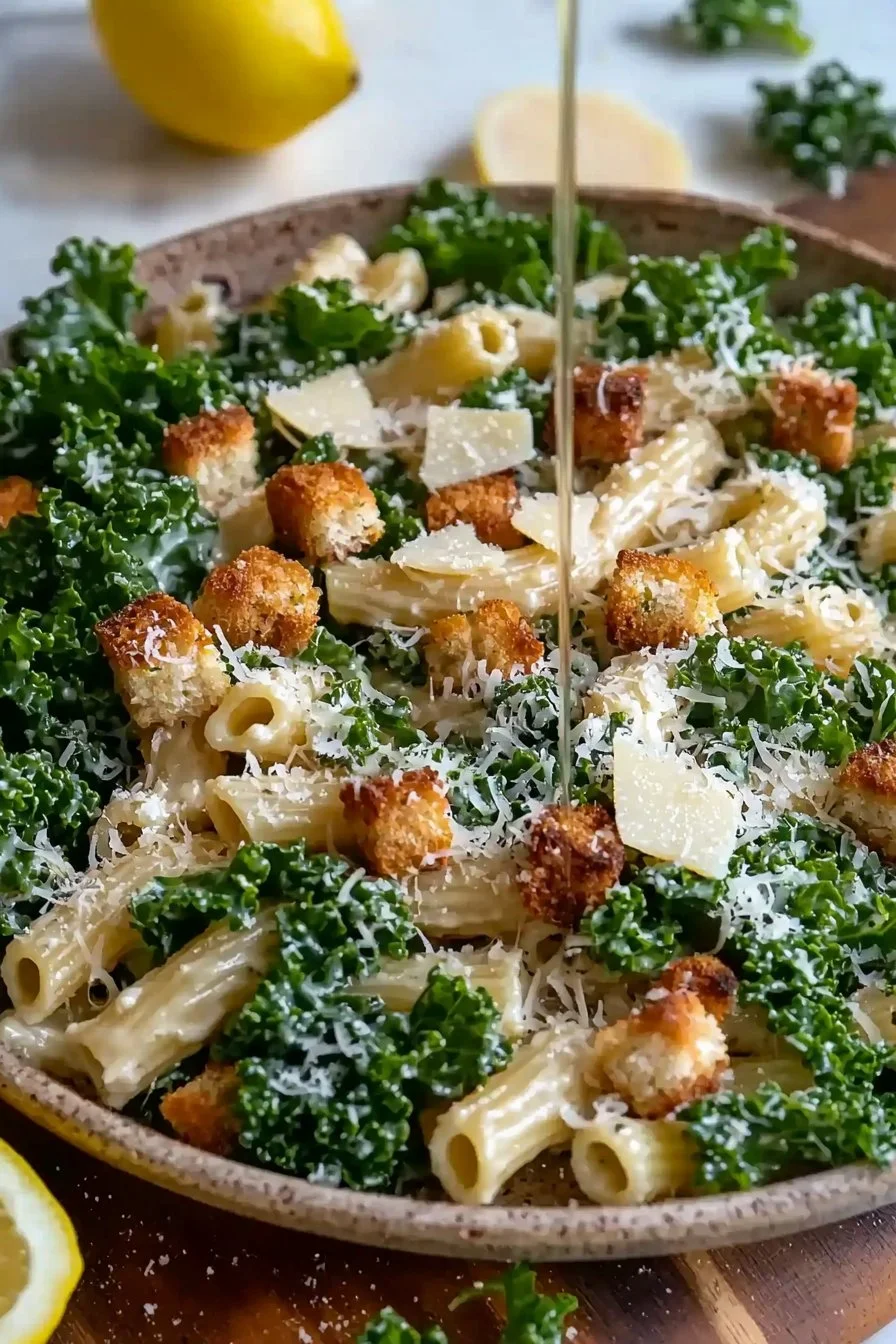 A vibrant Kale Caesar Pasta Salad served in a bowl with creamy dressing and croutons.