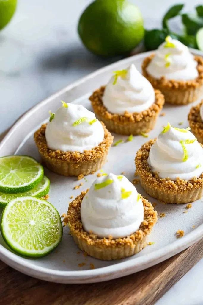 Mini No Bake Key Lime Pies on a dessert plate with lime slices