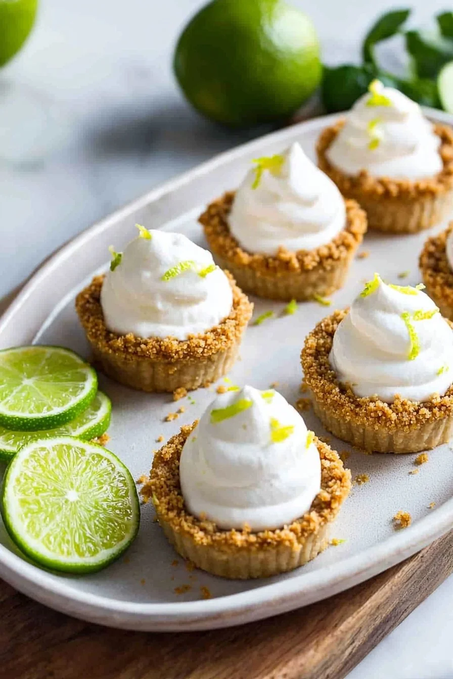 Mini No Bake Key Lime Pies on a dessert plate with lime slices