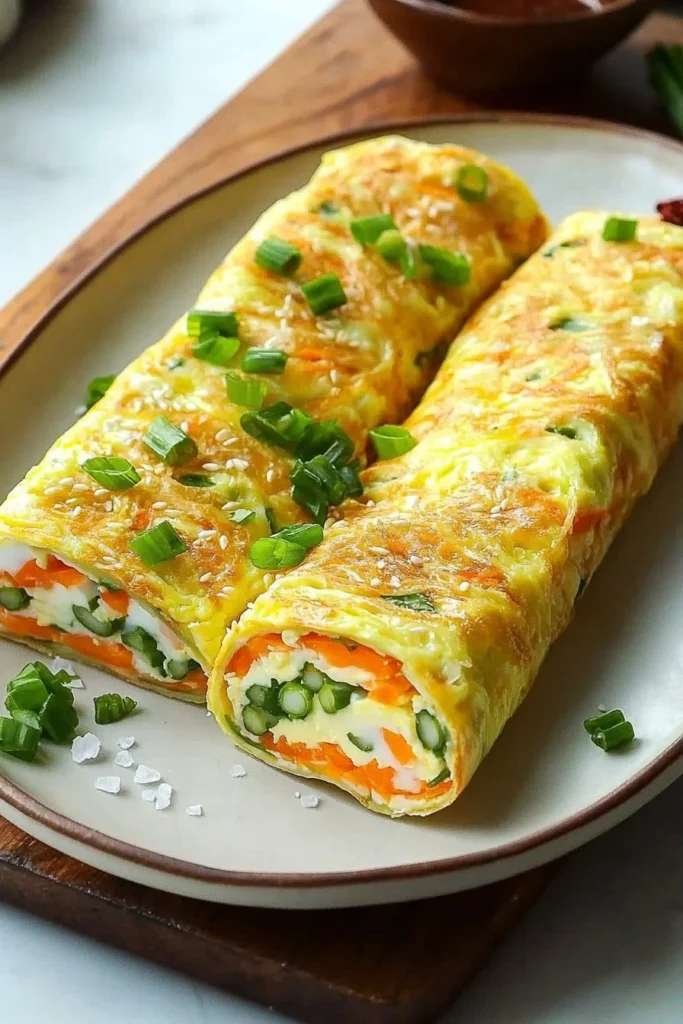 A delicious Korean style rolled omelette sliced into pieces on a plate