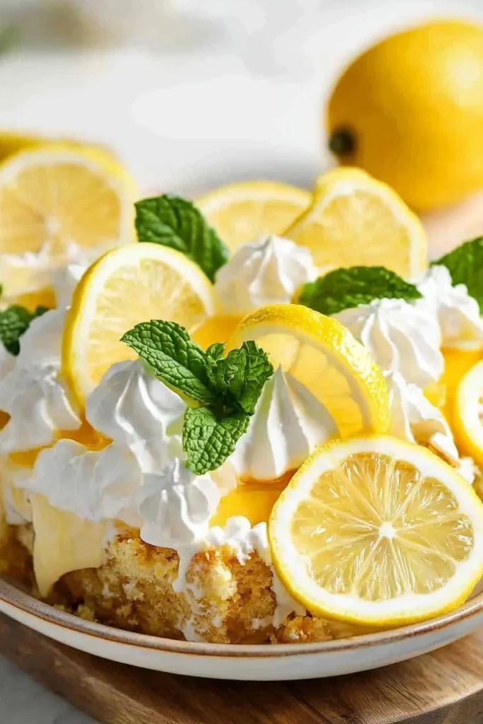 Delicious Lemon Lush Trifle dessert with layers of lemon, cream, and cake.