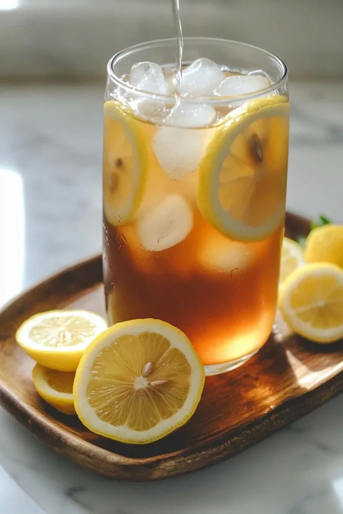 Glass of refreshing lemon vanilla iced tea with lemon slices and ice