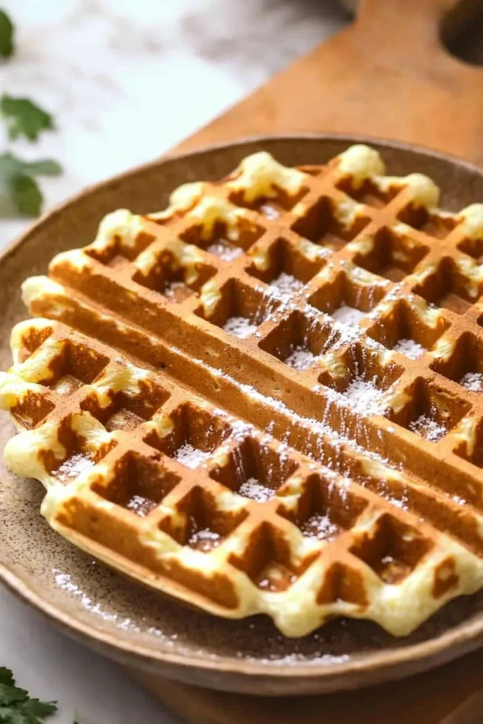 Delicious light and crispy waffles served with syrup and fruit on a plate.
