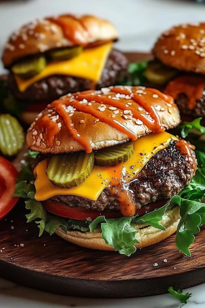 Delicious loaded burgers stacked with toppings on a wooden table.
