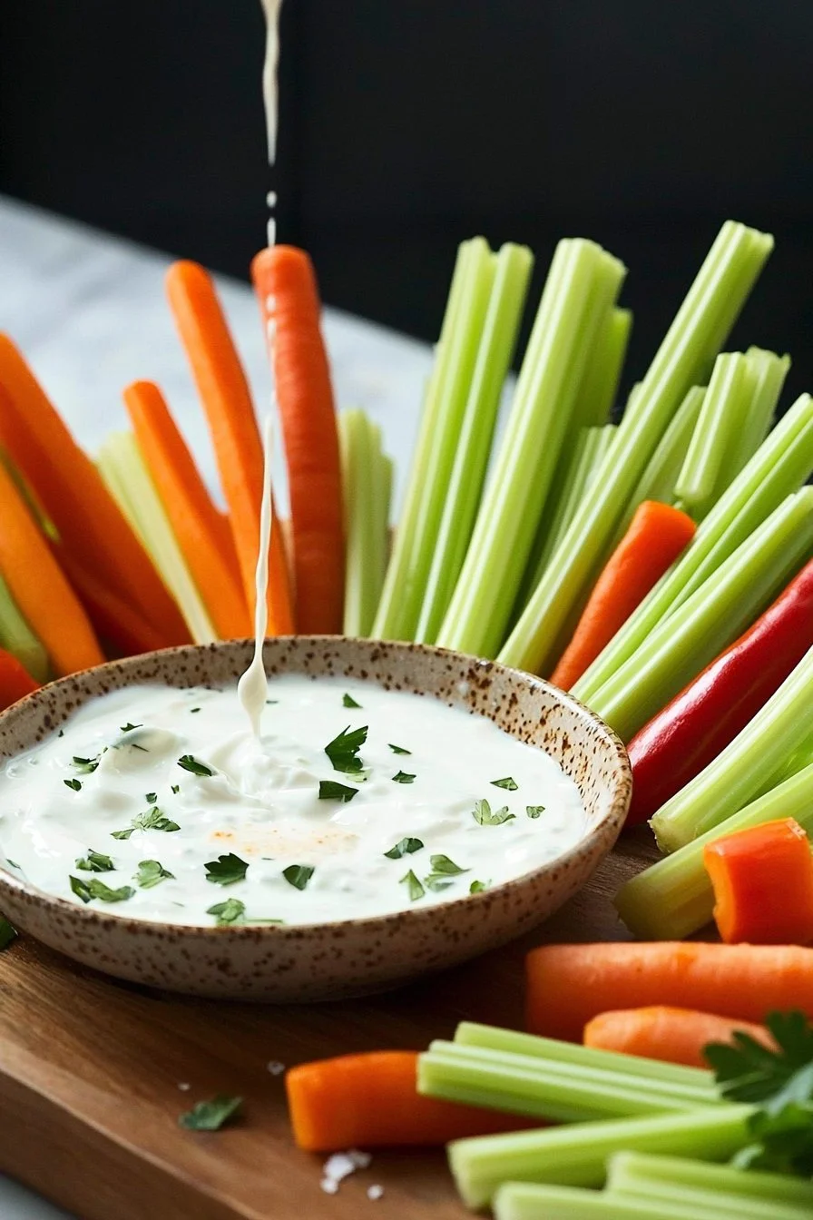 Low-fat vegetable dip served with fresh vegetables for a healthy snack