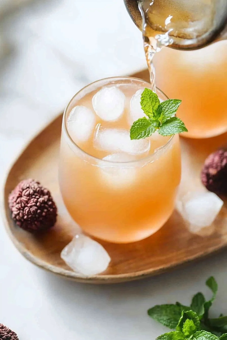 Glass of refreshing lychee jasmine iced tea with fruit garnish