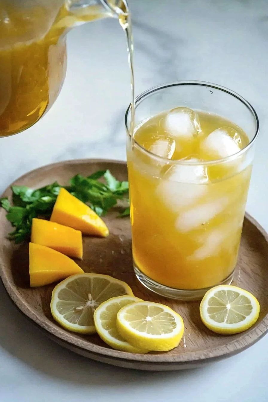 A refreshing glass of Mango Iced Lemon Tea with lemon slices and mango pieces.