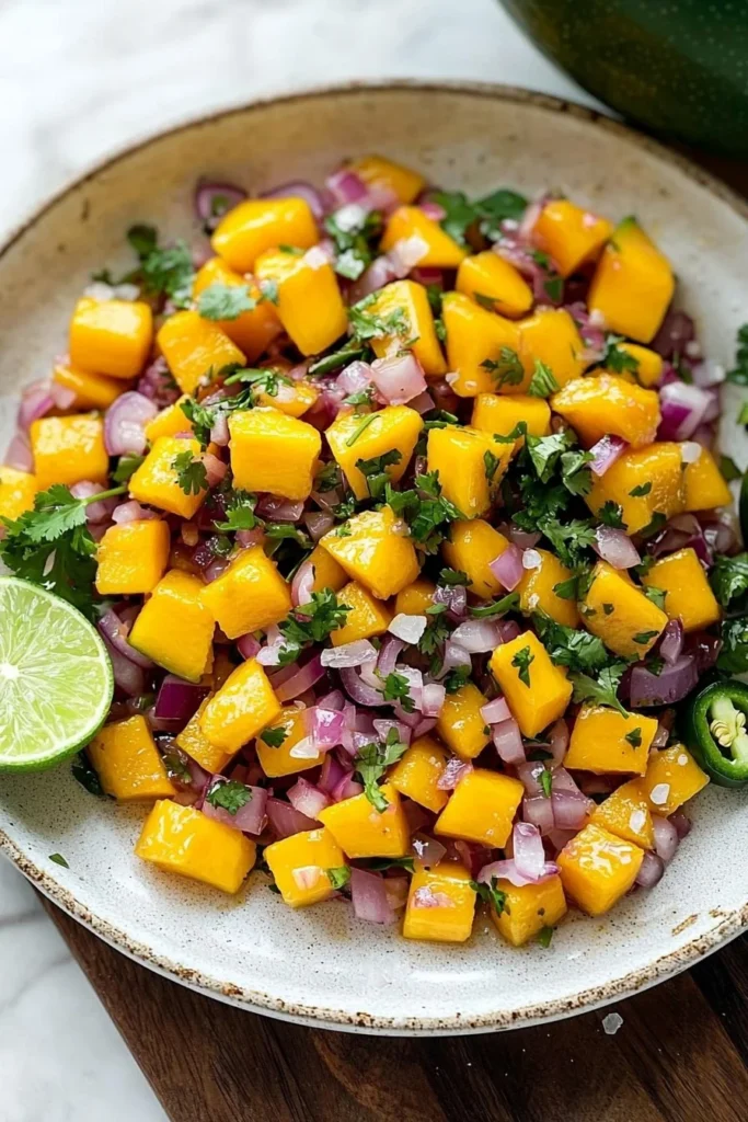 Fresh Mango Salsa Fresca made with ripe mangoes and colorful ingredients