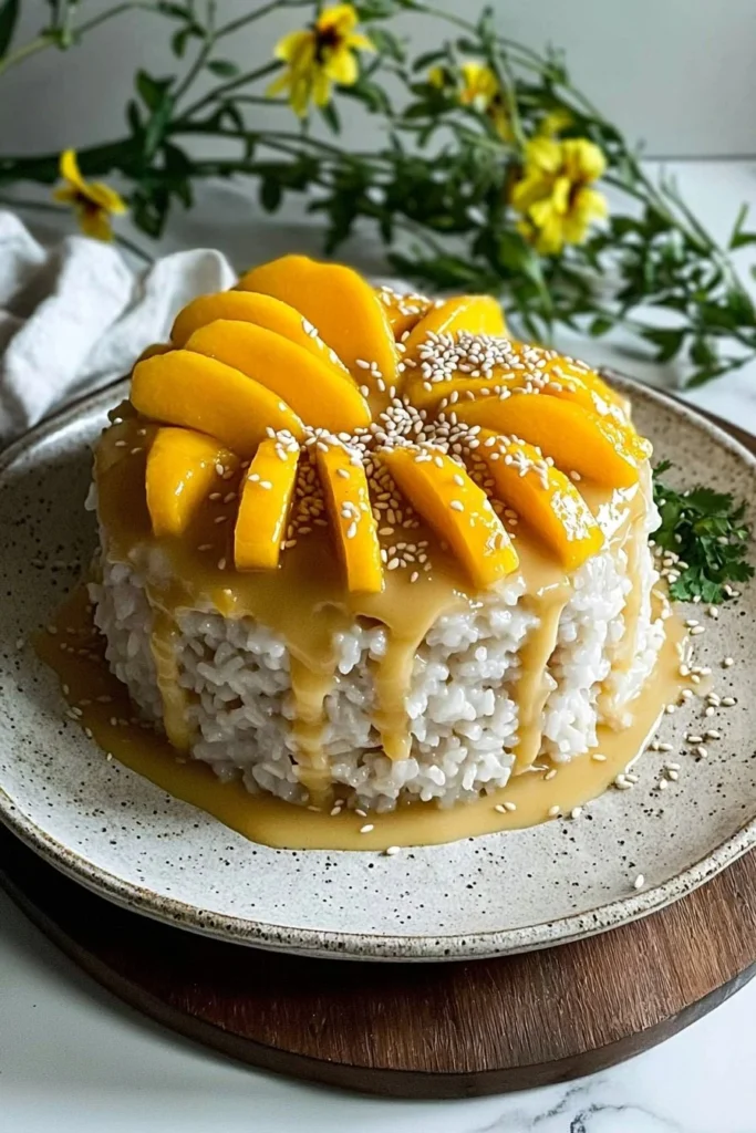 Delicious mango sticky rice cake topped with fresh mango slices