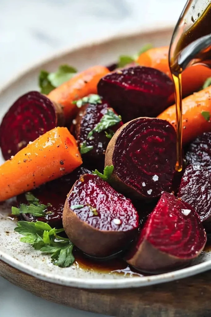 Maple roasted beets and carrots on a plate, showcasing vibrant colors and textures.