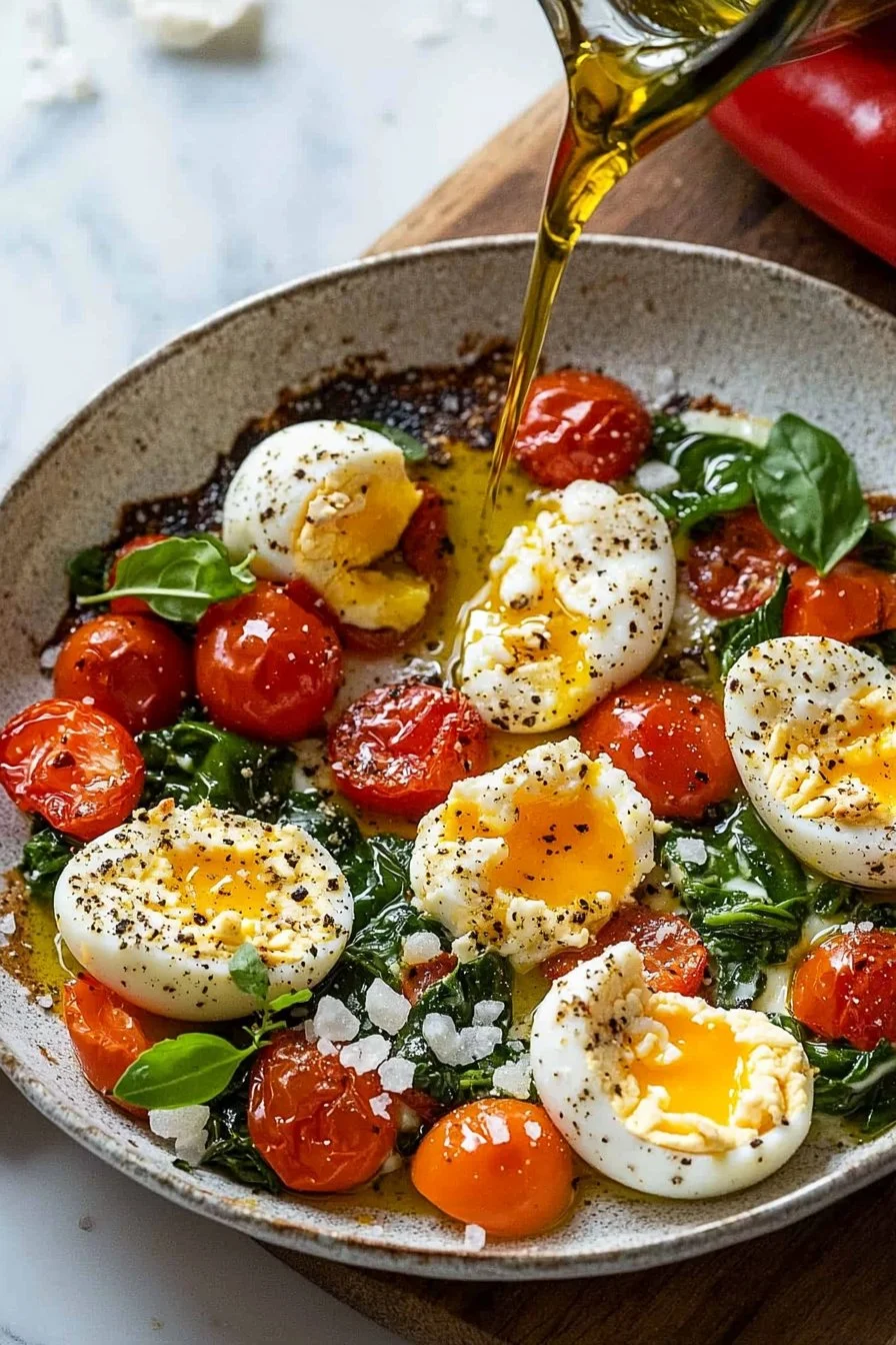 Mediterranean Baked Feta Eggs served in a ceramic dish with fresh herbs