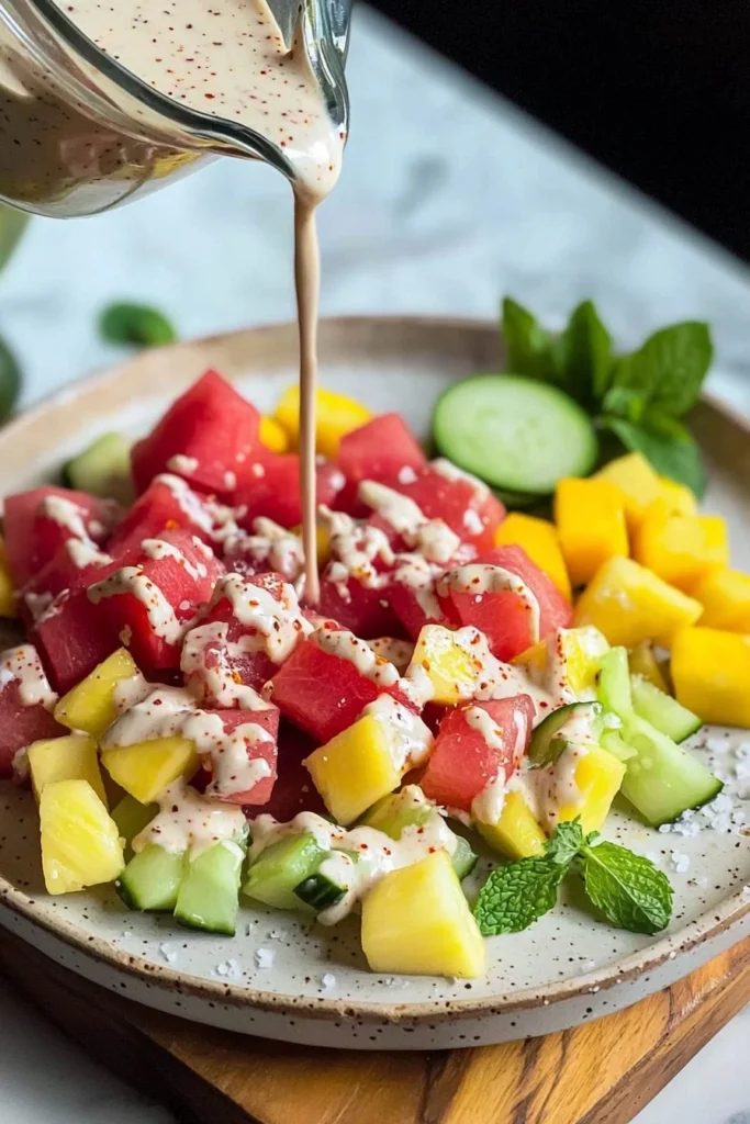 Bowl of colorful Mexican fruit salad with fresh tropical fruits and lime juice