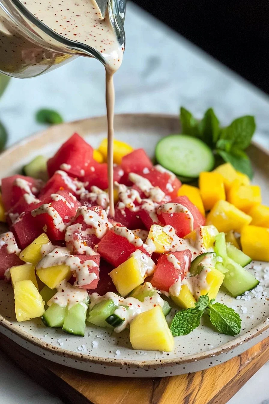 Bowl of colorful Mexican fruit salad with fresh tropical fruits and lime juice
