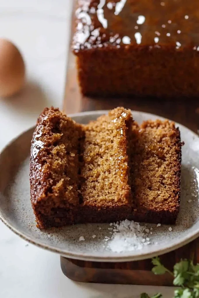 Moist honey cake with a golden crust and drizzle of honey on top